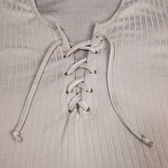 Rue 21 Shirt Juniors XSmall Beige Lace Up Scoop Neck Ribbed Casual Blouse - Picture 3 of 6